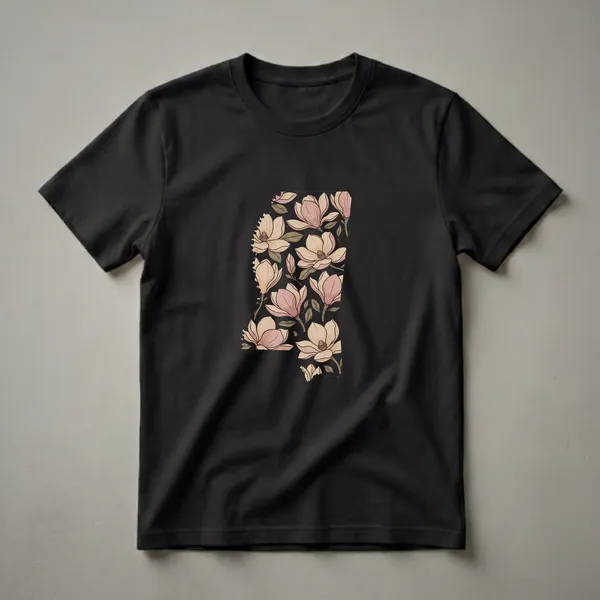 Black t-shirt featuring the outline of Mississippi filled with a repeating pattern of pink and cream magnolia flowers and green leaves.