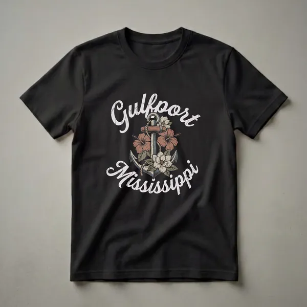 Black t-shirt featuring a retro graphic design with a vintage anchor, hibiscus flowers, and magnolia flowers, with 'Gulfport Mississippi' written in distressed script.
