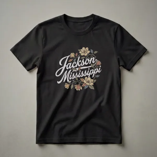 Black t-shirt with a distressed graphic design that reads 'Jackson Mississippi' in a vintage script, surrounded by magnolia branches with flowers and leaves in muted tones.