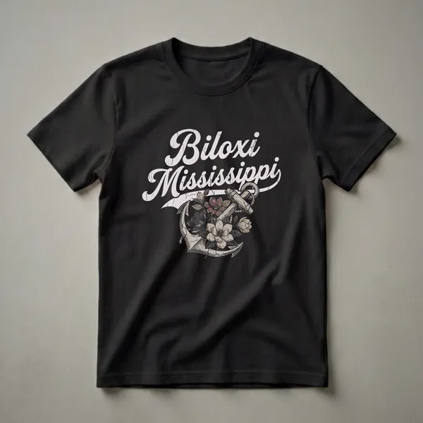 Black t-shirt featuring the words "Biloxi Mississippi" in distressed white script above a vintage anchor adorned with detailed magnolia flowers in muted tones.