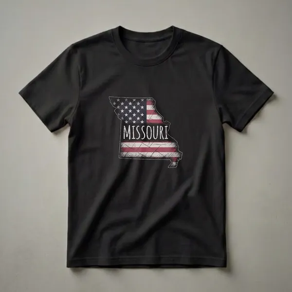 Black t-shirt featuring the outline of Missouri filled with a distressed American flag and the word 'MISSOURI' in white.