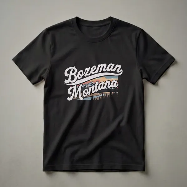 Black t-shirt with a retro graphic design that reads 'Bozeman Montana' over a landscape of mountains, a river, and pine trees during a colorful sunset.