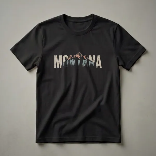 Black t-shirt with the word MONTANA in distressed retro lettering, featuring a mountain range and pine trees graphic within the letters.
