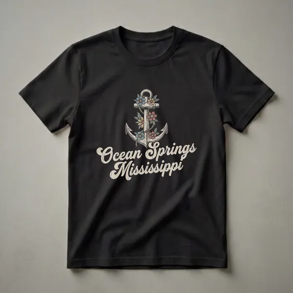 Black t-shirt with a vintage-style graphic of a weathered anchor adorned with blue, yellow, and red flowers, with the words 'Ocean Springs Mississippi' in distressed cream-colored lettering below.