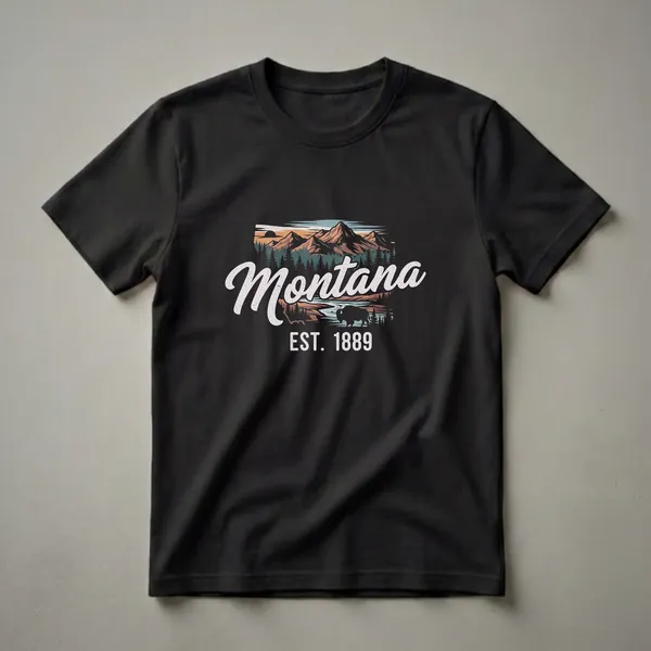 Black t-shirt featuring a retro graphic design of Montana with mountains, pine trees, a river, a bison, and the text 'Montana Est. 1889'.