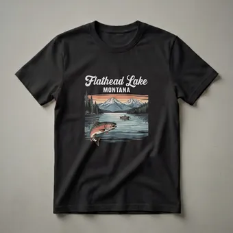 Retro Flathead Lake Montana Fishing Graphic T-Shirt for Anglers