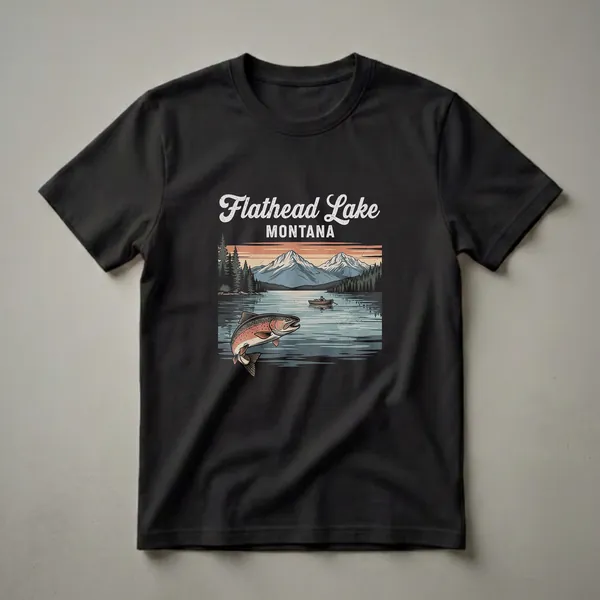 Retro graphic t-shirt design featuring a jumping trout in Flathead Lake, Montana, with a fishing boat, pine trees, and snow-capped mountains under a sunset sky.