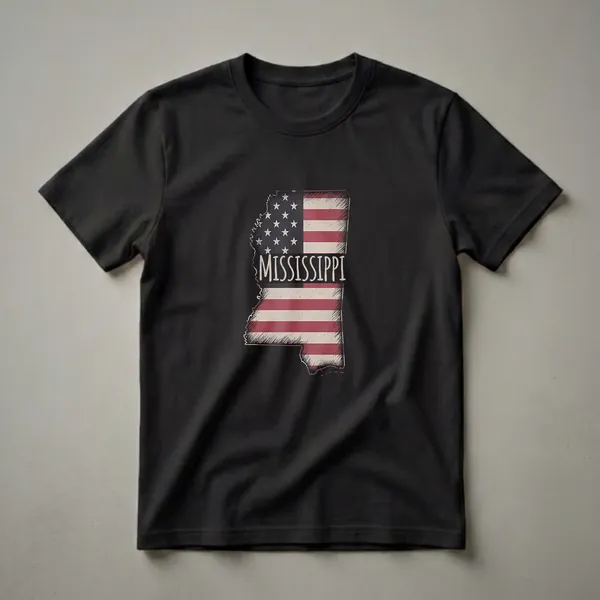 Black t-shirt with a graphic design of the Mississippi state outline filled with a distressed American flag pattern and the word MISSISSIPPI in cream.