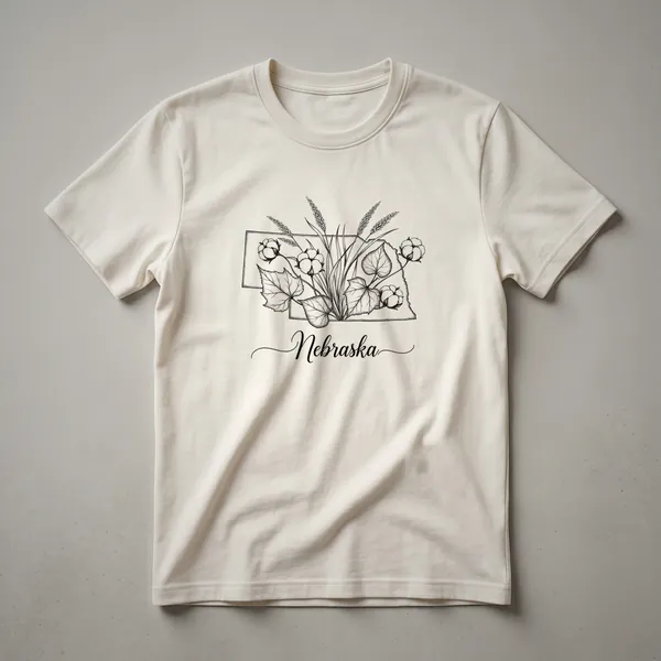 Black graphic t-shirt featuring a line art illustration of the Nebraska state outline filled with cotton flowers and wheat stalks, with the word 'Nebraska' written below in script.
