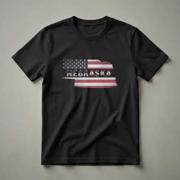 Black t-shirt featuring the outline of Nebraska filled with the American flag design, with the word NEBRASKA in a distressed font overlaid.