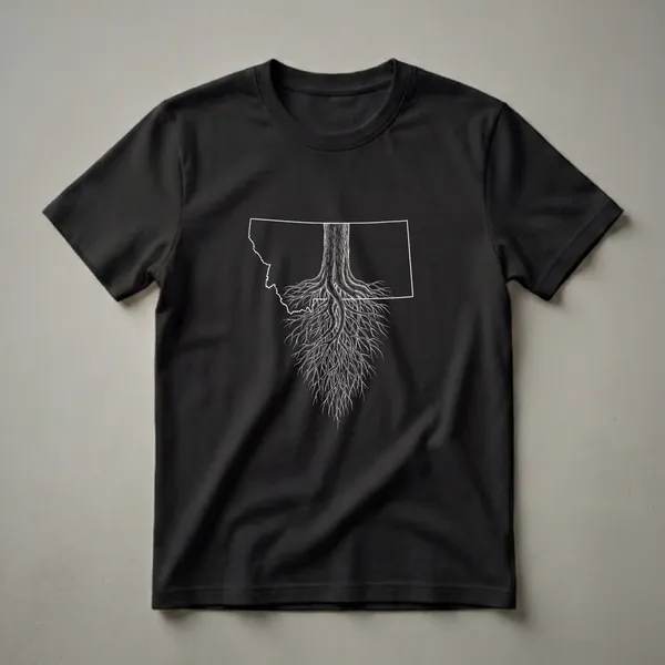 Black t-shirt with a white outline of the state of Montana, featuring a tree trunk graphic emerging from the top and spreading roots below.