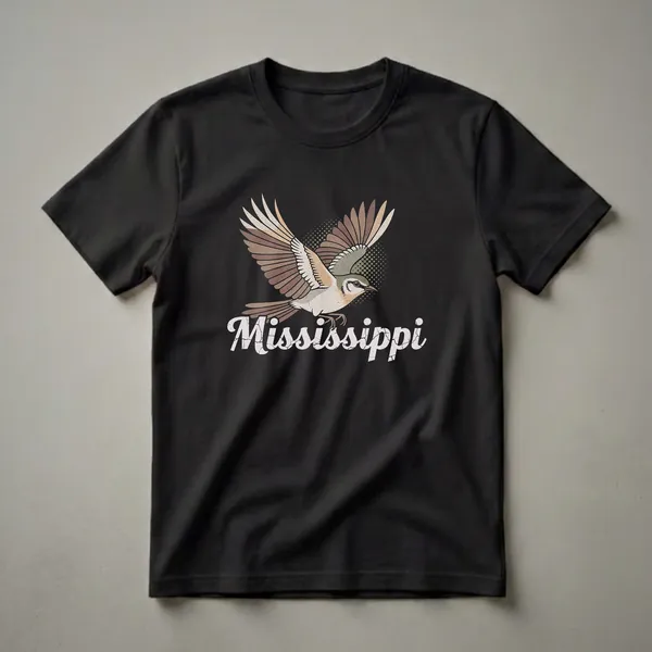 Black t-shirt featuring a retro graphic of a Northern Mockingbird in flight with the word 'Mississippi' below it in a distressed font.