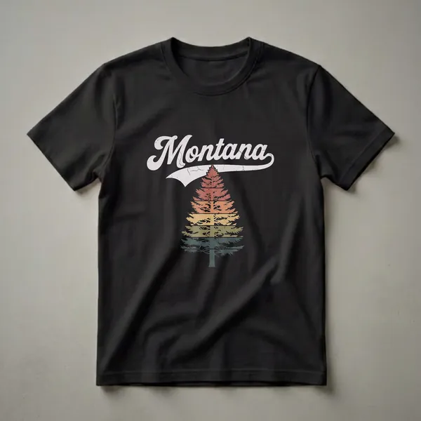 Black t-shirt with 'Montana' in a retro white font above a stylized pine tree with horizontal stripes of red, orange, yellow, green, and dark blue.