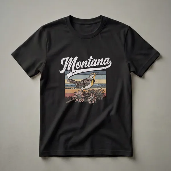 Black t-shirt featuring a retro graphic design of a Western Meadowlark bird perched on a branch with flowers, set against a striped background of mountains and sky, with the word "Montana" in vintage script.