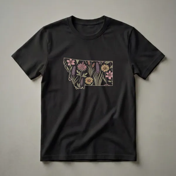 Black t-shirt featuring the outline of Montana filled with a retro floral pattern in pink, purple, yellow, and green.