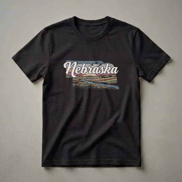 A vintage graphic t-shirt featuring the outline of Nebraska filled with a retro sunset landscape, a winding river, wildflowers, and flying birds.