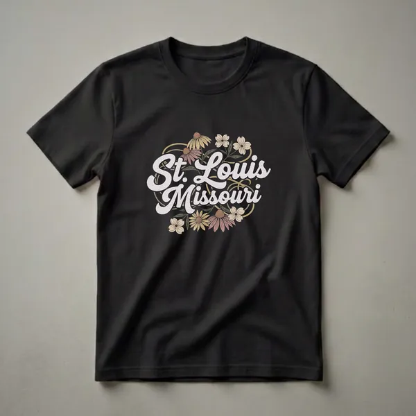 Black t-shirt featuring the text "St. Louis Missouri" in a retro font, surrounded by stylized flowers in cream, pink, yellow, and green, with decorative swirling lines.