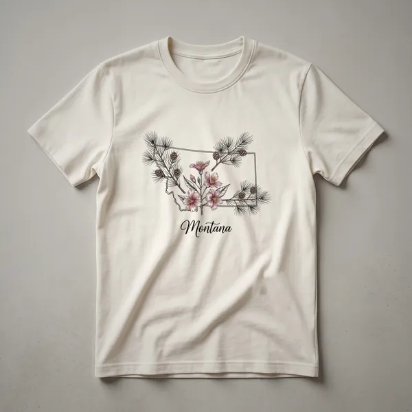 Black t-shirt featuring a sketch of the Montana state outline with pink flowers, pinecones, and pine branches.