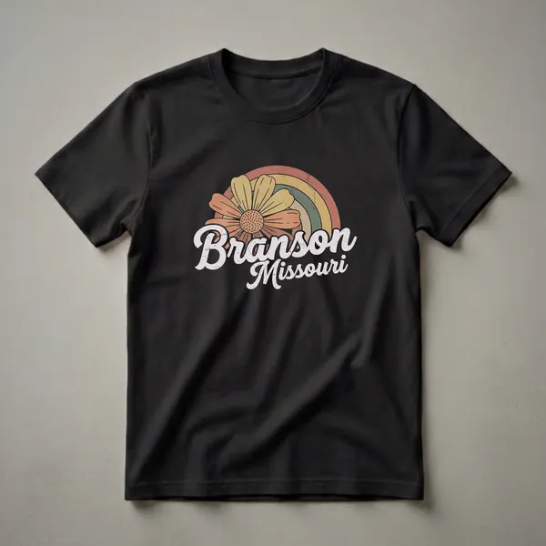 Black t-shirt with a retro graphic featuring a daisy flower and a distressed rainbow above the text 'Branson Missouri'.