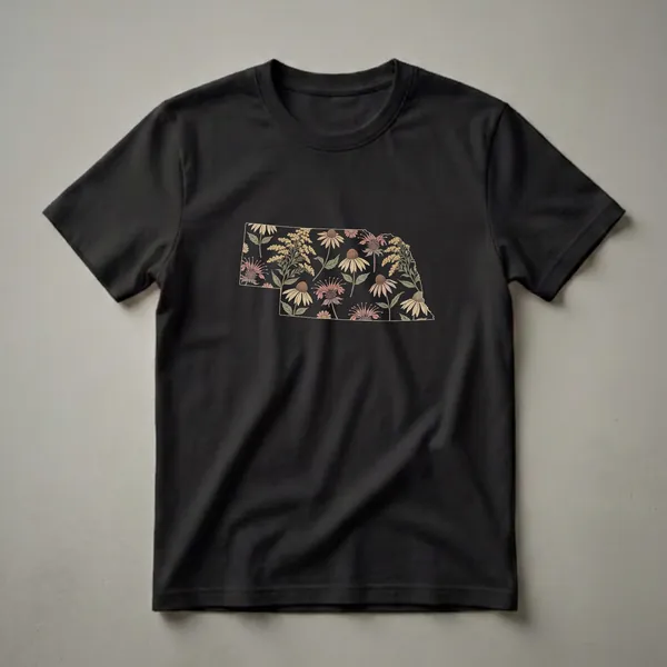 A black t-shirt featuring the outline of Nebraska filled with a retro floral pattern of coneflowers and goldenrod.