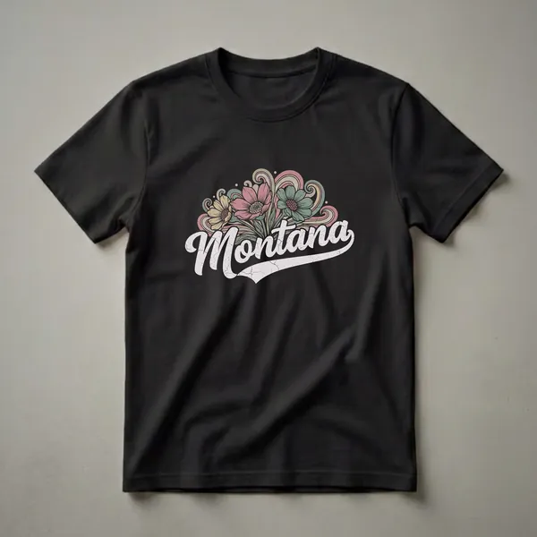 Black t-shirt featuring the word 'Montana' in a retro script font, surrounded by a vintage-style floral design with pink, yellow, and teal flowers and swirling lines.