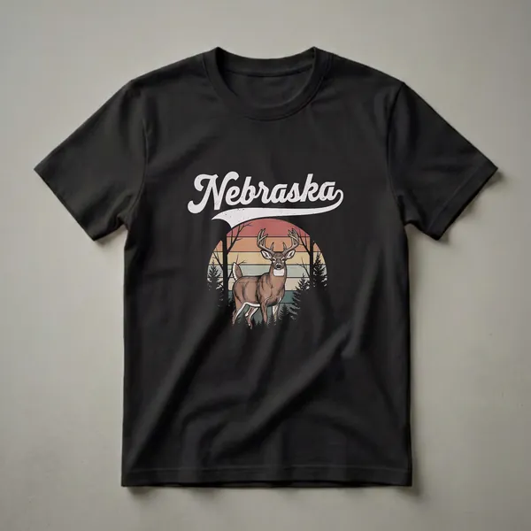 Black graphic t-shirt featuring a retro design of a deer in a forest with a striped sunset and the word 'Nebraska' in a vintage font.