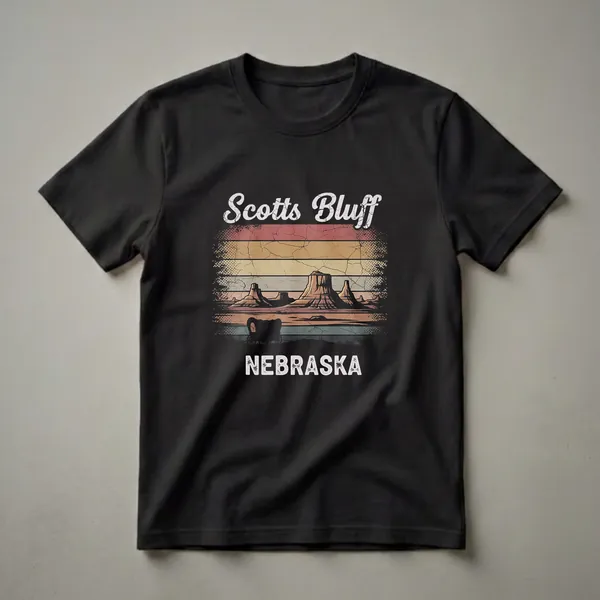 Black t-shirt featuring a retro graphic design of Scotts Bluff, Nebraska, with a vintage sunset and a covered wagon silhouette.