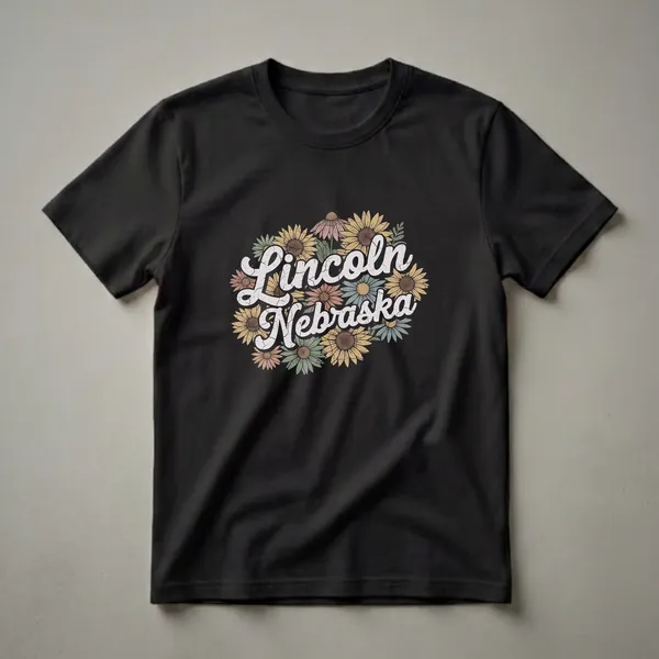 Black graphic t-shirt featuring the words 'Lincoln Nebraska' in a retro font, surrounded by a distressed floral design of sunflowers and daisies in muted colors.