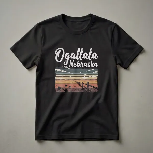 Black t-shirt featuring a retro graphic design with 'Ogallala Nebraska' in distressed white font above a striped sunset landscape with a wooden fence.