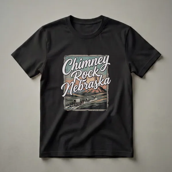 Black graphic t-shirt featuring a retro design of Chimney Rock, Nebraska, with covered wagons on a winding road and a vintage sunset.