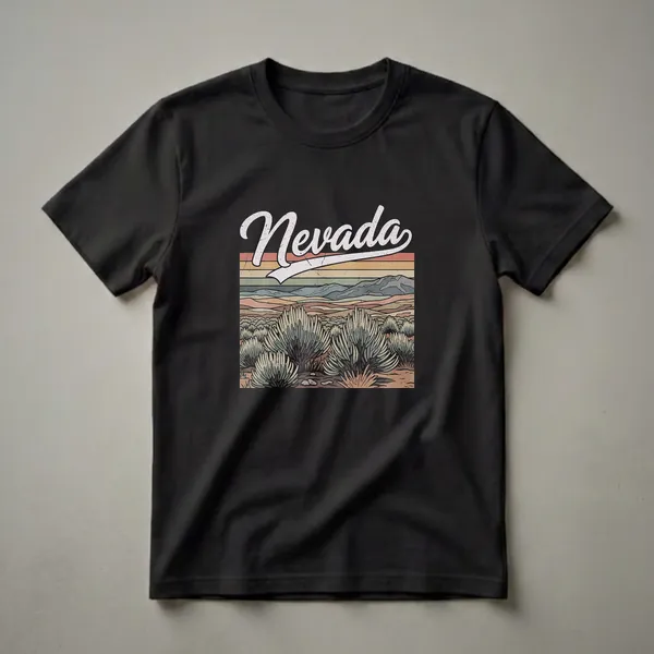 Black t-shirt featuring a retro graphic design with the word 'Nevada' in script above a stylized desert landscape of sagebrush and mountains in muted vintage colors.