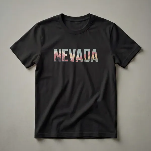 Black t-shirt with the word NEVADA filled with a retro desert landscape art design, featuring muted pink, cream, and blue mountains and silhouetted cacti.