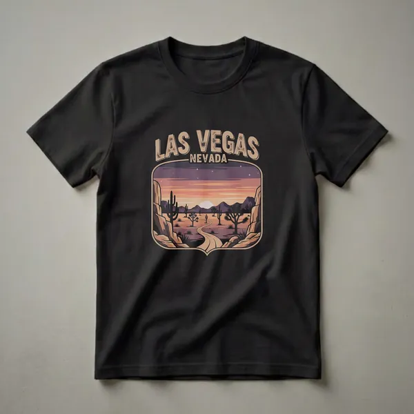 Black t-shirt featuring a retro graphic design of a Las Vegas, Nevada desert sunset scene with Joshua trees, cacti, rocky mountains, and a winding road.