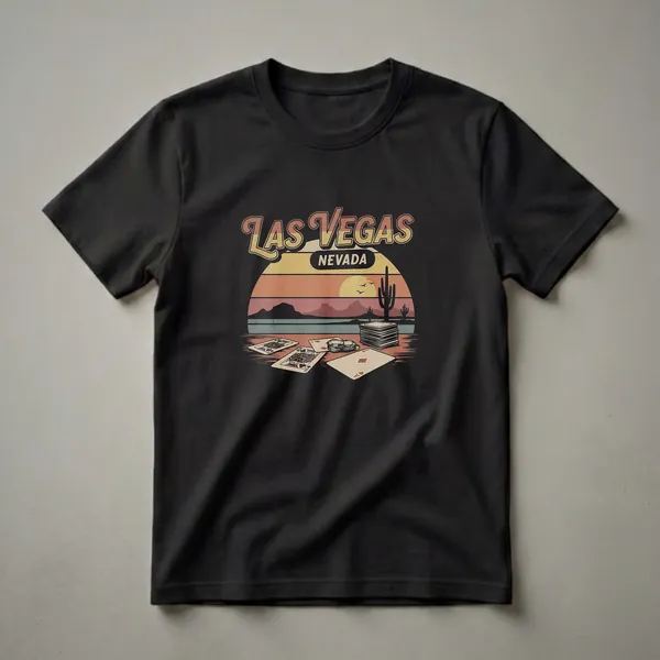 Black t-shirt featuring a retro Las Vegas Nevada design with a desert sunset, saguaro cacti, playing cards, and poker chips.