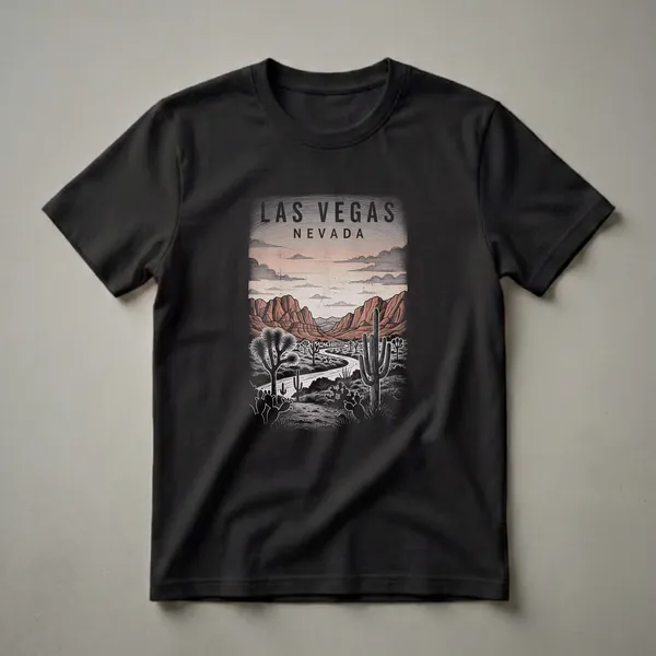 Black graphic t-shirt featuring a vintage Las Vegas Nevada desert landscape with saguaro cacti, Joshua trees, red rock mountains, and a winding road under a cloudy sky.