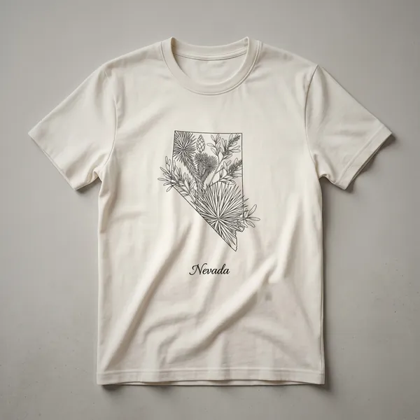 Black t-shirt featuring a line art outline of the state of Nevada filled with desert floral illustrations, with the word 'Nevada' written below in script.