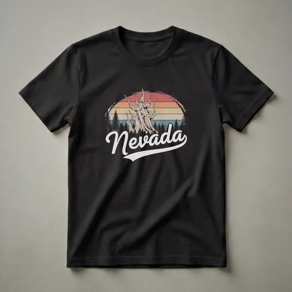 Retro Nevada graphic t-shirt with a bristlecone pine tree, pine trees, and a vintage sunset in red, orange, yellow, and teal.