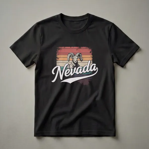Black t-shirt with a retro graphic design of a desert bighorn sheep head above the word 'Nevada' on a distressed, multi-colored striped background.