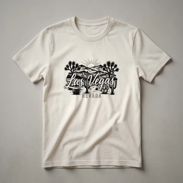 Black graphic t-shirt featuring a retro Las Vegas Nevada desert landscape design with mountains, cacti, Joshua trees, and a setting sun.