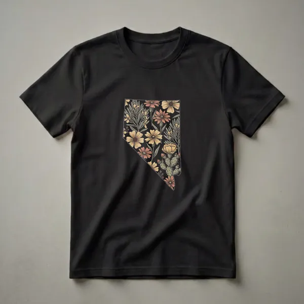 Black t-shirt featuring the outline of Nevada filled with a retro floral and cactus graphic design in muted tones of yellow, coral, and green.