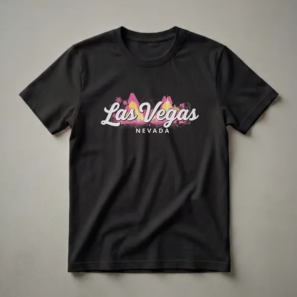 Black t-shirt with a retro graphic design of the Las Vegas, Nevada skyline, featuring stylized buildings, palm trees, and neon lights in pink and yellow.