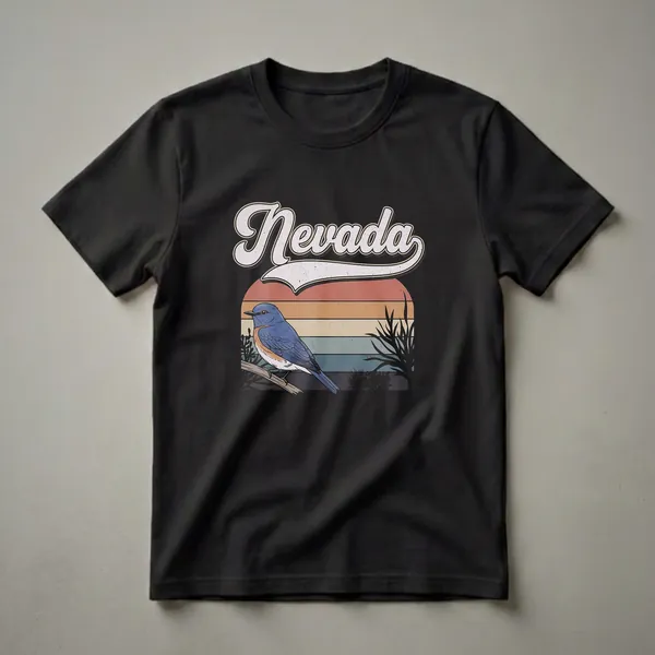 A retro graphic t-shirt design featuring the word 'Nevada' in a vintage font above a bluebird perched on a branch, with a striped background and stylized foliage.