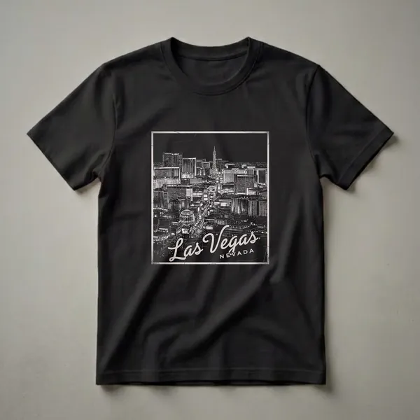 Black and white graphic t-shirt featuring a vintage illustration of the Las Vegas, Nevada skyline with the words 'Las Vegas Nevada' in script.