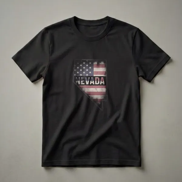 A graphic t-shirt featuring the outline of Nevada filled with a distressed American flag design and the word NEVADA in bold lettering.