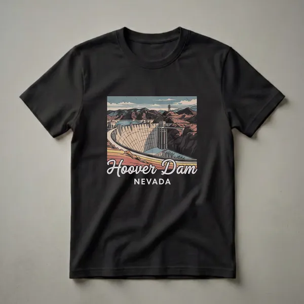 Retro Hoover Dam Nevada graphic t-shirt featuring the dam structure, mountains, and a vintage sky.