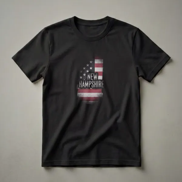 Black t-shirt featuring a distressed American flag graphic in the shape of New Hampshire, with 'NEW HAMPSHIRE' text in distressed white lettering.
