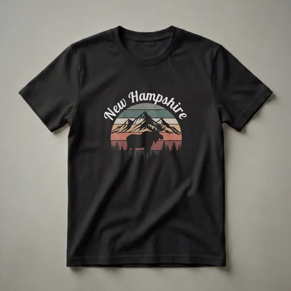 Black t-shirt with a retro graphic design of a moose in silhouette, standing in a pine forest with mountains behind it, set against a striped sunset.