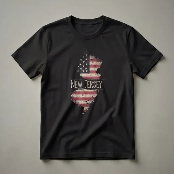 A graphic t-shirt featuring the outline of New Jersey filled with a distressed American flag design, with the words 'NEW JERSEY' printed below.
