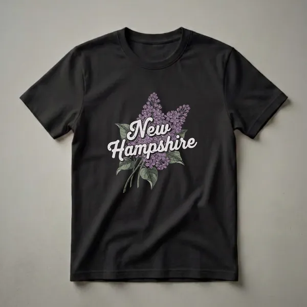 Black t-shirt featuring the words 'New Hampshire' in a retro font over a graphic illustration of purple lilac flowers and green leaves.