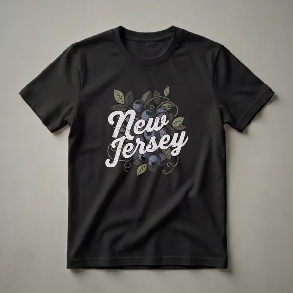 Black t-shirt with retro graphic art featuring the words 'New Jersey' in distressed white lettering over a cluster of blueberries and green leaves.